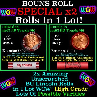 2x BU Shotgun Lincoln 1c rolls, 1998-d & 1974-p 50 pcs Each 100 Coins Total 50c
