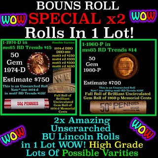 2x BU Shotgun Lincoln 1c rolls, 1979-d & 1960-p 50 pcs Each 100 Coins Total 50c
