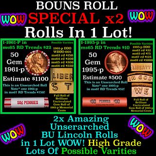 2x BU Shotgun Lincoln 1c rolls, 1995-p & 1961-p 50 pcs Each 100 Coins Total 50c