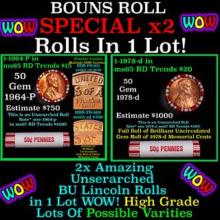 2x BU Shotgun Lincoln 1c rolls, 1978-d & 1964-p 50 pcs Each 100 Coins Total 50c