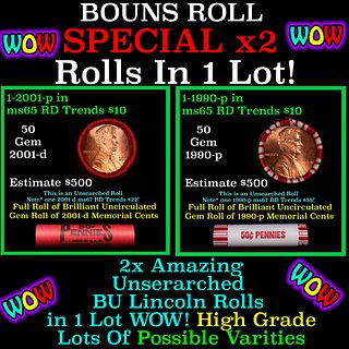 2x BU Shotgun Lincoln 1c rolls, 1990-p & 2001-p 50 pcs Each 100 Coins Total 50c