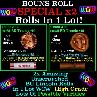 2x BU Shotgun Lincoln 1c rolls, 1985-d & 1960-d 50 pcs Each 100 Coins Total 50c