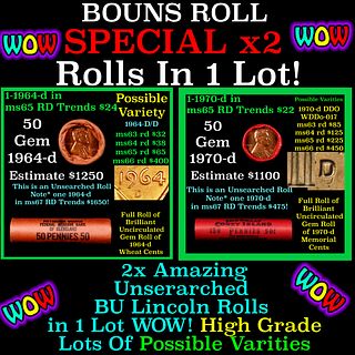 2x BU Shotgun Lincoln 1c rolls, 1964-p & 1970-p 50 pcs Each 100 Coins Total 50c