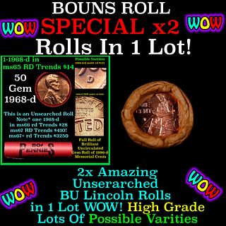 2x BU Shotgun Lincoln 1c rolls, 1968-d & 2009-d 50 pcs Each 100 Coins Total 50c