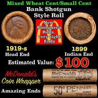 Small Cent Mixed Roll Orig Brandt McDonalds Wrapper, 1919-s Lincoln Wheat end, 1899 Indian other end, 50c