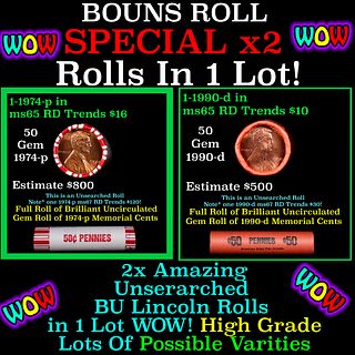2x BU Shotgun Lincoln 1c rolls, 1974-p & 1990-d 50 pcs Each 100 Coins Total 50c