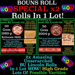 2x BU Shotgun Lincoln 1c rolls, 1980-p & 2004-p 50 pcs Each 100 Coins Total 50c