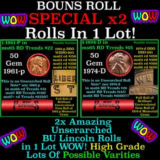 2x BU Shotgun Lincoln 1c rolls, 1961-p & 1974-d 50 pcs Each 100 Coins Total 50c