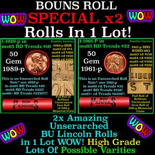 2x BU Shotgun Lincoln 1c rolls, 1989-p & 1961-p 50 pcs Each 100 Coins Total 50c