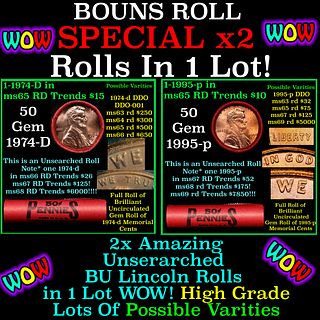 2x BU Shotgun Lincoln 1c rolls, 1974-d & 1995-p 50 pcs Each 100 Coins Total 50c