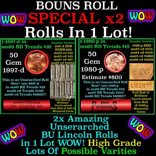 2x BU Shotgun Lincoln 1c rolls, 1997-d & 1980-p 50 pcs Each 100 Coins Total 50c