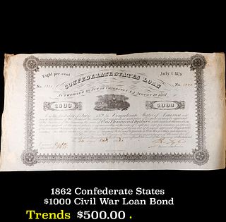 1862 Confederate States $1000 Civil War Loan Bond