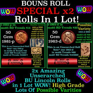 2x BU Shotgun Lincoln 1c rolls, 1981-p & 1963-d 50 pcs Each 100 Coins Total 50c