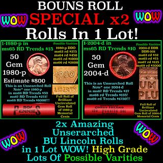 2x BU Shotgun Lincoln 1c rolls, 1980-p & 2004-d 50 pcs Each 100 Coins Total 50c