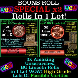 2x BU Shotgun Lincoln 1c rolls, 1974-d & 1990-d 50 pcs Each 100 Coins Total 50c