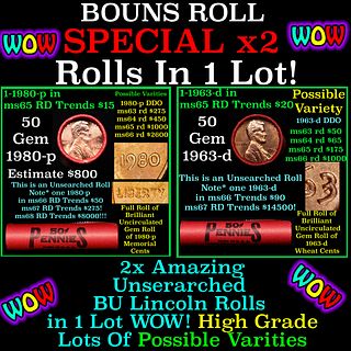 2x BU Shotgun Lincoln 1c rolls, 1980-p & 1963-d 50 pcs Each 100 Coins Total 50c