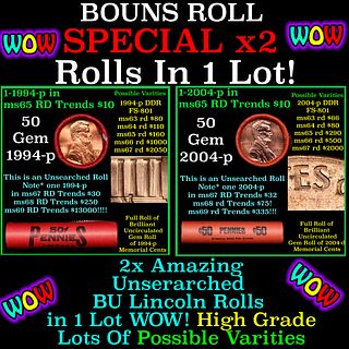 2x BU Shotgun Lincoln 1c rolls, 1994-p & 2004-p 50 pcs Each 100 Coins Total 50c