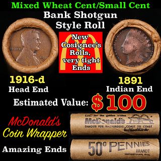 Small Cent Mixed Roll Orig Brandt McDonalds Wrapper, 1916-d Lincoln Wheat end, 1891 Indian other end, 50c