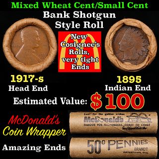 Small Cent Mixed Roll Orig Brandt McDonalds Wrapper, 1917-s Lincoln Wheat end, 1895 Indian other end, 50c