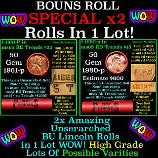 2x BU Shotgun Lincoln 1c rolls, 1961-p & 1980-p 50 pcs Each 100 Coins Total 50c