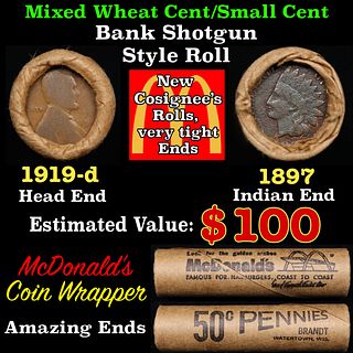Small Cent Mixed Roll Orig Brandt McDonalds Wrapper, 1919-d Lincoln Wheat end, 1897 Indian other end, 50c