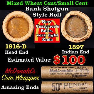 Small Cent Mixed Roll Orig Brandt McDonalds Wrapper, 1916-d Lincoln Wheat end, 1897 Indian other end, 50c