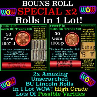 2x BU Shotgun Lincoln 1c rolls, 1997-d & 1961-p 50 pcs Each 100 Coins Total 50c