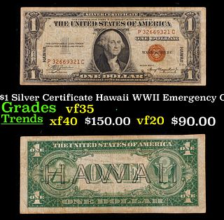 1935A $1 Silver Certificate Hawaii WWII Emergency Currency Grades vf++