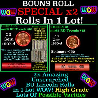 2x BU Shotgun Lincoln 1c rolls, 1960-d & 1997-d 50 pcs Each 100 Coins Total 50c