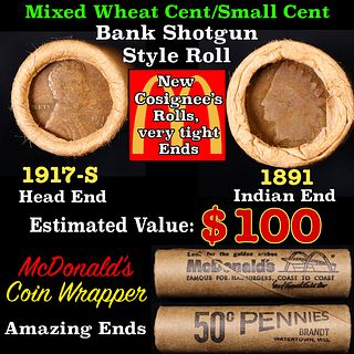 Small Cent Mixed Roll Orig Brandt McDonalds Wrapper, 1917-s Lincoln Wheat end, 1891 Indian other end, 50c