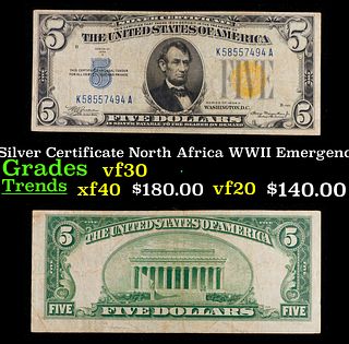 1934A $5 Silver Certificate North Africa WWII Emergency Currency Grades vf++