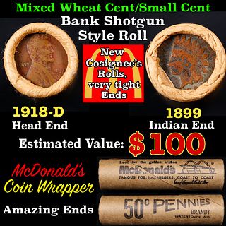 Small Cent Mixed Roll Orig Brandt McDonalds Wrapper, 1918-d Lincoln Wheat end, 1899 Indian other end, 50c