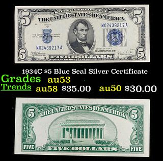 1934C $5 Blue Seal Silver Certificate Grades Select AU
