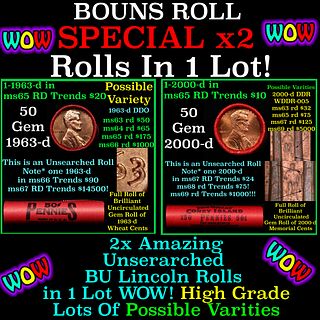 2x BU Shotgun Lincoln 1c rolls, 1963-d & 2000-d 50 pcs Each 100 Coins Total 50c