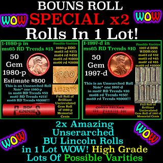 2x BU Shotgun Lincoln 1c rolls, 1980-p & 1997-d 50 pcs Each 100 Coins Total 50c