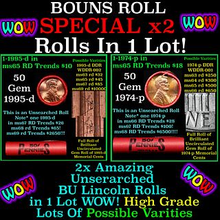 2x BU Shotgun Lincoln 1c rolls, 1995-d & 1974-p 50 pcs Each 100 Coins Total 50c