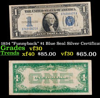 1934 "Funnyback" $1 Blue Seal Silver Certificate Grades vf++
