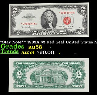**Star Note** 1963A $2 Red Seal United States Note Grades Choice AU/BU Slider