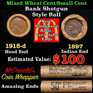 Small Cent Mixed Roll Orig Brandt McDonalds Wrapper, 1918-d Lincoln Wheat end, 1897 Indian other end, 50c