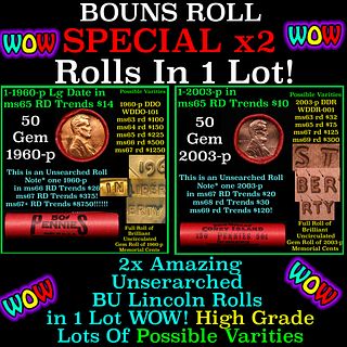 2x BU Shotgun Lincoln 1c rolls, 1960-p & 2003-p 50 pcs Each 100 Coins Total 50c