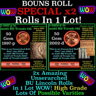 2x BU Shotgun Lincoln 1c rolls, 1997-p & 2002-d 50 pcs Each 100 Coins Total 50c