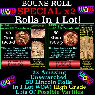 2x BU Shotgun Lincoln 1c rolls, 1968-d & 1989-p 50 pcs Each 100 Coins Total 50c