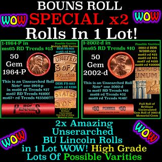 2x BU Shotgun Lincoln 1c rolls, 1964-p & 2002-d 50 pcs Each 100 Coins Total 50c