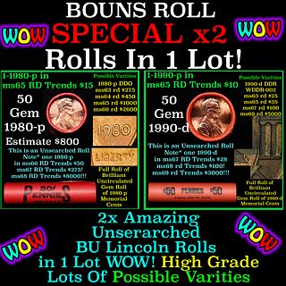 2x BU Shotgun Lincoln 1c rolls, 1980-p & 1990-p 50 pcs Each 100 Coins Total 50c