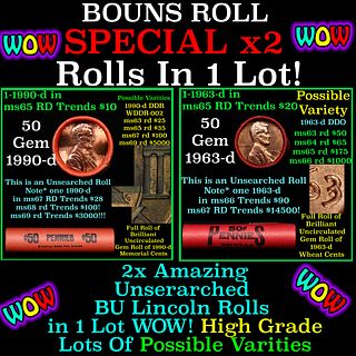 2x BU Shotgun Lincoln 1c rolls, 1990-d & 1963-d 50 pcs Each 100 Coins Total 50c