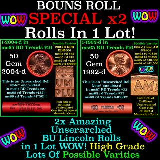 2x BU Shotgun Lincoln 1c rolls, 1992-d & 2004-d 50 pcs Each 100 Coins Total 50c