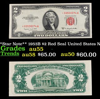 **Star Note** 1953B $2 Red Seal United States Note Grades Choice AU