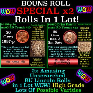 2x BU Shotgun Lincoln 1c rolls, 1960-p & 1997-p 50 pcs Each 100 Coins Total 50c