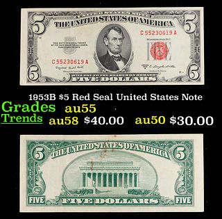 1953B $5 Red Seal United States Note Grades Choice AU