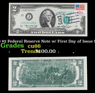 1976 $2 Federal Reserve Note w/ First Day of Issue Stamp $2 Green Seal Federal Reserve Note Grades Gem+ CU
